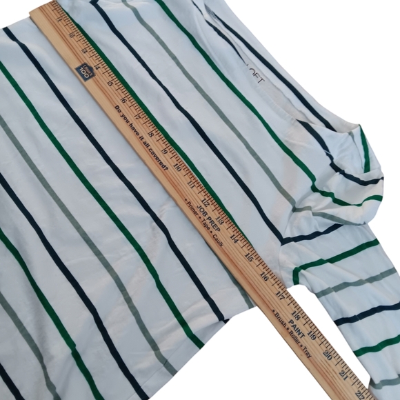 LOFT WOMEN'S SIZE SMALL GREN AND WHITE STRIPED MID SLEEVE BLOUSE. - Picture 3 of 4